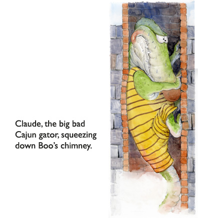 Claude Gets Stuck in the Chimney.  That big bad Cajun gator finds himself in a tight spot…  between a brick chimney and a hot pot of roux!